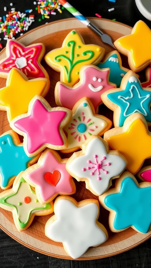 Colorful iced cookies in various shapes on a wooden platter, decorated with sprinkles.